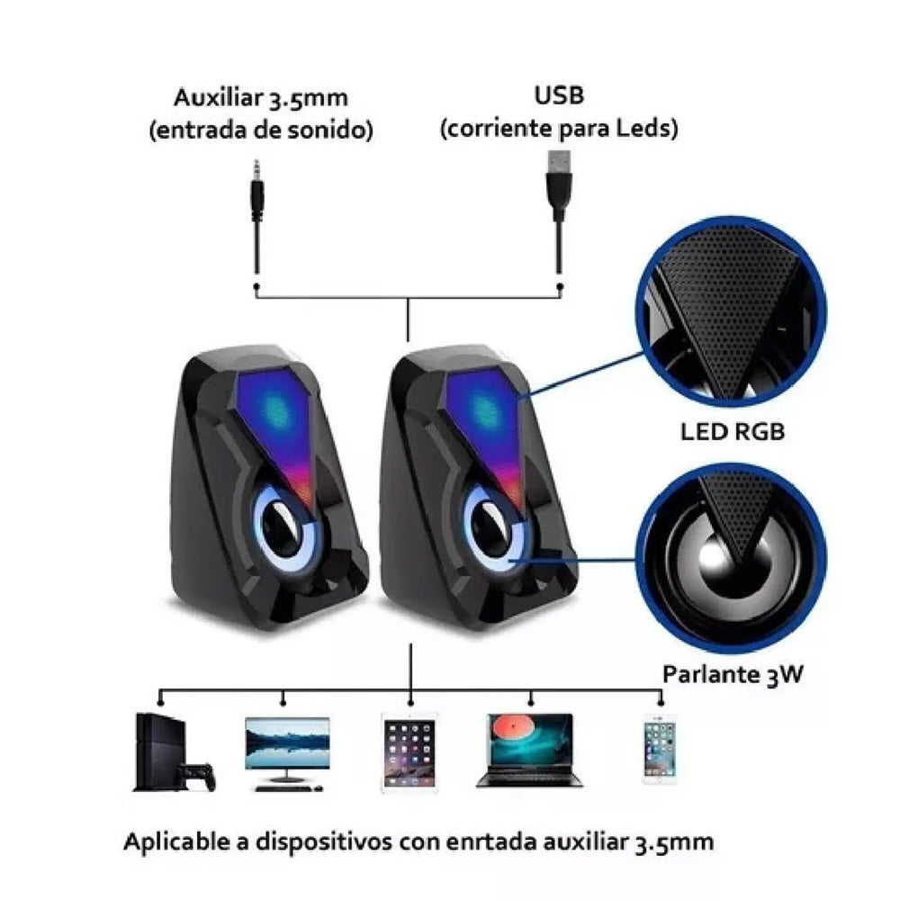 Parlantes Estereo Luces RGB USB Plug 3.5