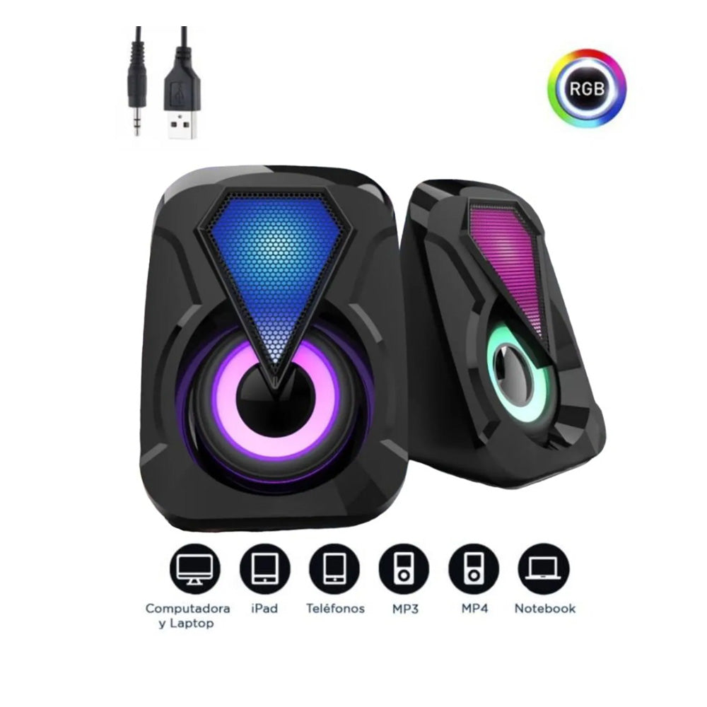 Parlantes Estereo Luces RGB USB Plug 3.5